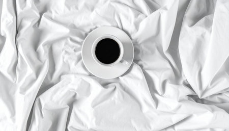Cup of coffee on white bedding, top view, flat layの素材