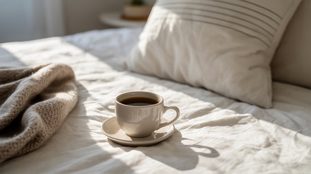 Cup of coffee on the bed in the morning. Cozy morning.の素材