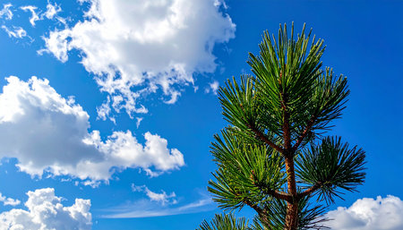 Pine tree against the blue sky with white clouds. Beautiful nature background.の素材