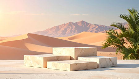 Pedestal for product presentation in the desert. 3d renderingの素材