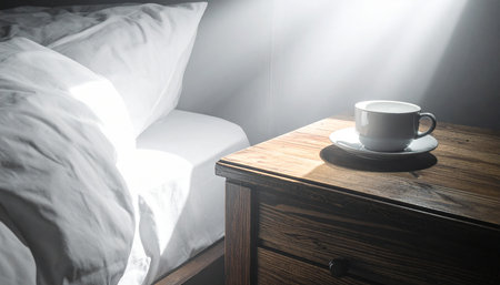 Coffee cup on a wooden bedside table in the morningの素材