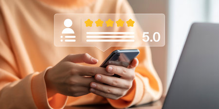 Woman using mobile phone with social media icons. Customer review concept.の素材