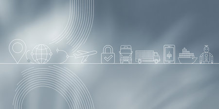 Illustration of global logistics and transportation concept with thin line icons.の素材