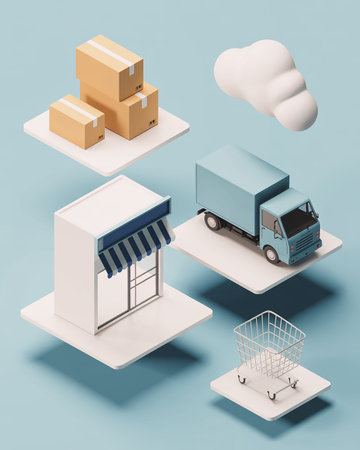 3d render of shopping cart, truck, trolley and cloud on blue backgroundの素材