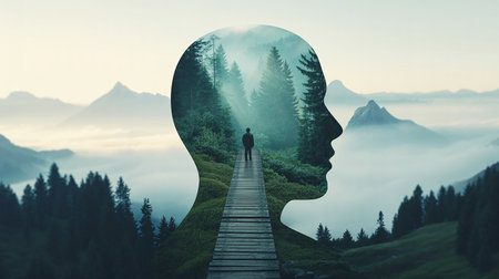 Double exposure of human head and nature landscape background. Conceptual image.の素材