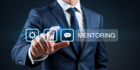 Businessman touching virtual screen with his finger. Mentoring concept.の素材