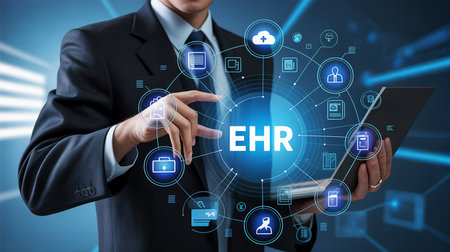 EHR - Human resource management, HR, recruitment, leadership and teambuilding. Business and technology concept.の素材