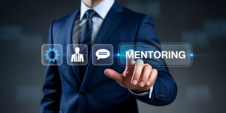 Mentoring concept. Businessman pressing button on virtual screen.の素材