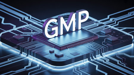 3D rendering of a chip with the word GMP on it.の素材