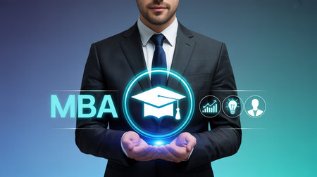 businessman hand showing mba icon on virtual screen over blue backgroundの素材