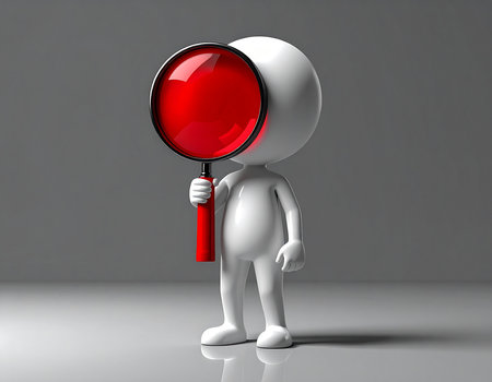 3d people - man, person looking through a magnifying glassの素材