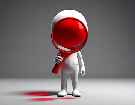 3d human character looking through a magnifying glass on gray backgroundの素材