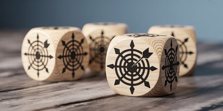 Dice with target icon on wooden background. Business success concept.の素材