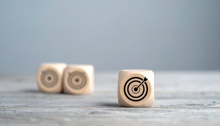 Dice with target symbol on wooden background. Business success concept.の素材