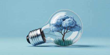 Light bulb with tree inside. Blue background. 3D rendering.の素材