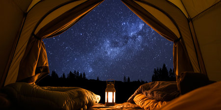 Camping in tent at night with starry sky and Milky Wayの素材