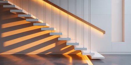 3d rendering of white stairs in modern interior with sunlight and shadowの素材