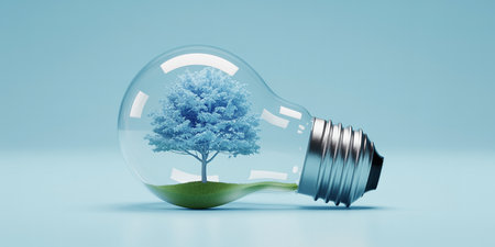 Light bulb with tree inside. Green energy concept. 3D renderingの素材