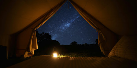 Night camping in tent with starry sky and Milky way. 3D renderingの素材