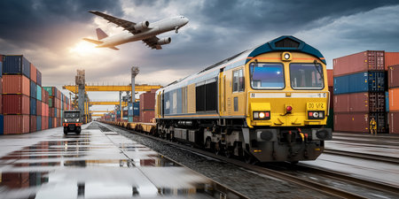 Freight train with containers and cargo plane in the background at sunsetの素材