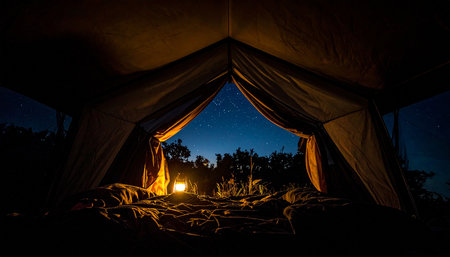 Camping tent in the forest at night with starry sky.の素材