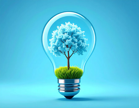 Lightbulb with tree inside on blue background. 3D renderingの素材