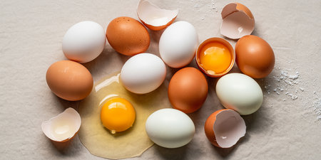 Chicken eggs and broken eggshells on light background, top viewの素材