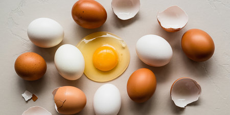 top view of chicken eggs and egg yolk on beige backgroundの素材