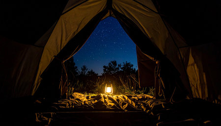 Silhouette of camping tent at night with starry sky.の素材