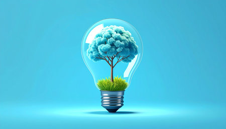 Lightbulb with tree inside as symbol of eco energy. 3D renderingの素材