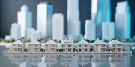 Miniature model of a house on the background of the city.の素材