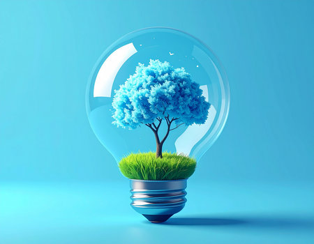 Light bulb with tree inside on blue background. 3D rendering.の素材