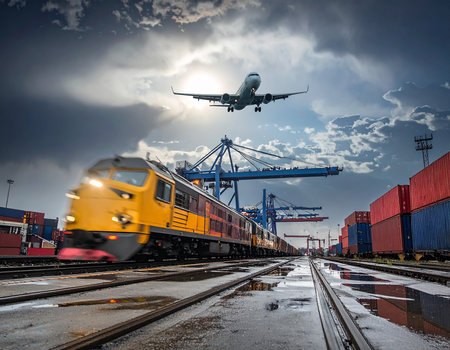 Passenger airplane and cargo freight train at the port under dramatic skyの素材