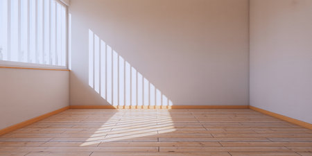 Empty room with wooden floor and sunlight through the window. 3d renderingの素材