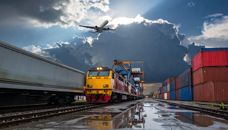 Freight train and cargo containers at the docks under dramatic sunset skyの素材