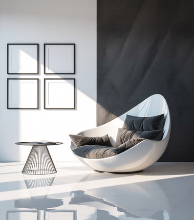 Interior of modern living room with white walls, concrete floor, comfortable armchair and round coffee table. 3d renderの素材