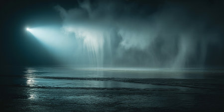 abstract scene of a dark stormy sea with light beams and reflectionsの素材