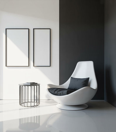 Interior of modern living room with gray and white walls, concrete floor, white armchair with black cushions and vertical mock up posters. 3d renderingの素材