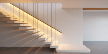Modern bright interiors 3D rendering illustration. Living room with stairsの素材