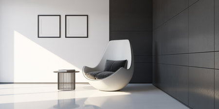 Interior of modern living room with gray walls, white floor, white armchair and mock up poster frame. 3d renderingの素材