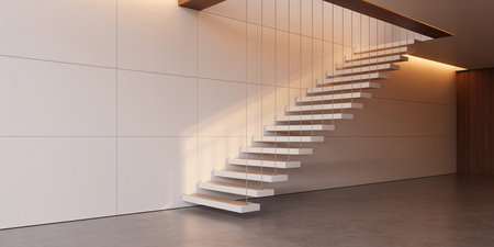 3d Illustration of white stairs in a modern interior with white wallの素材