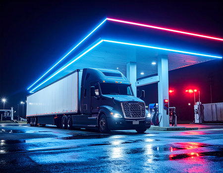 Truck at gas station at night with neon lights. Transportation concept.の素材