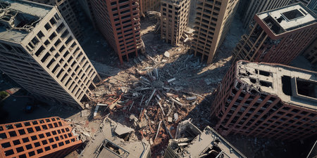 Aerial view of a building destroyed by a strong earthquake in Chicagoの素材