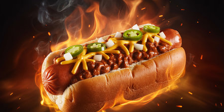 Hot dog with yellow mustard and jalapenos on fire backgroundの素材