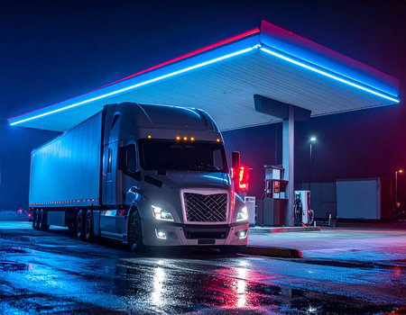 Truck at the gas station at night. Concept of freight transportation.の素材