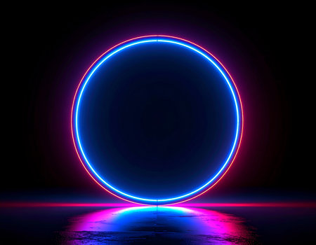Neon circle with reflection on the water. Dark background. Vector illustration.の素材