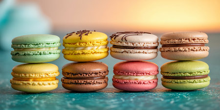 Colorful macaroons on turquoise background, close upの素材