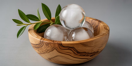 Ice cubes in a wooden bowl with green leaves on a gray backgroundの素材