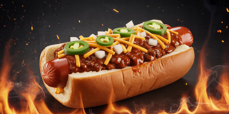 Hot dog with a lot of toppings on a black background.の素材