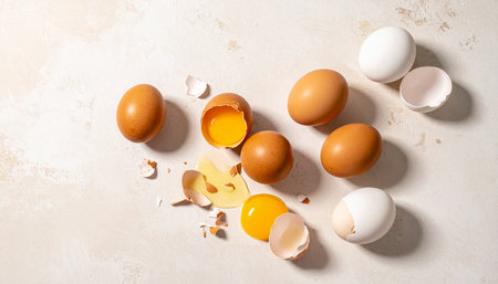 Eggs and broken eggshells on light background, top viewの素材